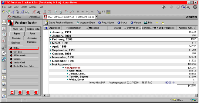 Lotus Notes Software - Tracker Suite - Purchasing Tab