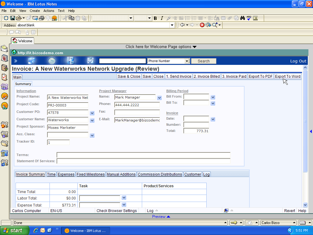 Export invoice forms to Word