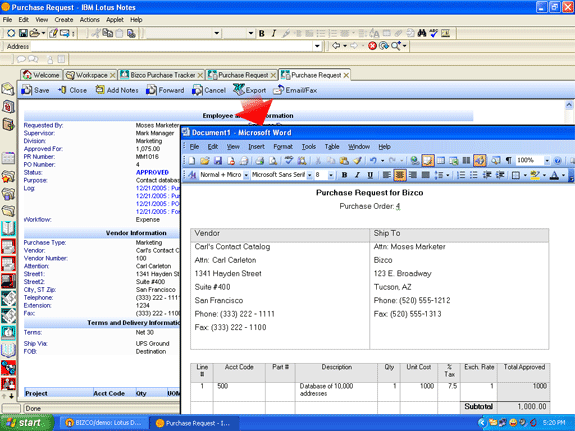 Export a Lotus Notes purchase order to MS Word