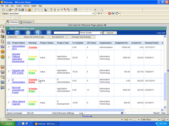 A Lotus Notes project dashboard report