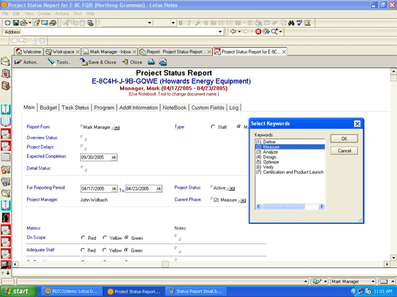 Status report optimized for the Design for Six Sigma methodology