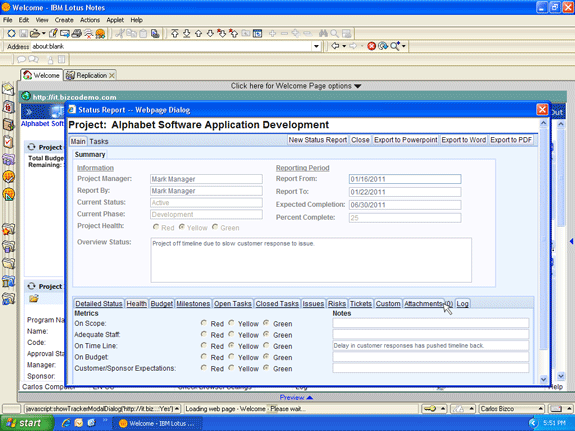 Project status reports in Lotus Notes