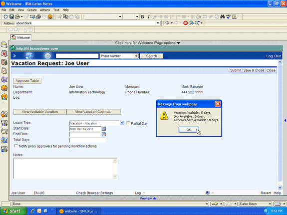 Vacation request form in Lotus Notes